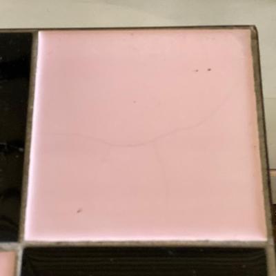 LOT 230: MCM Black and Pink Tile and Metal Plant Stand / Table with Pink Decor