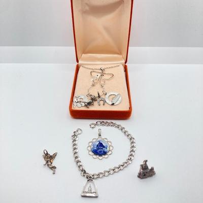 LOT 238: Sterling Silver / Silver Tone Jewelry Charm Collection - Mickey Mouse, Tinkerbell and More