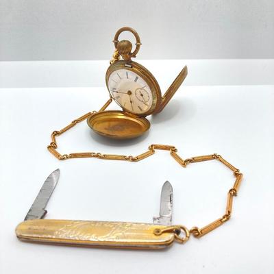 LOT 240: Vintage Key Wound Pocket Watch (Warranted Aluminum 182) and Sheffield Pen Knife Combination