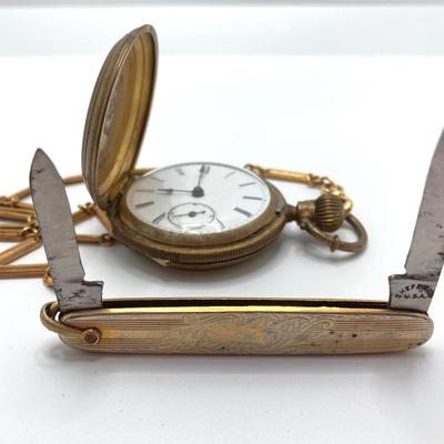 LOT 240: Vintage Key Wound Pocket Watch (Warranted Aluminum 182) and Sheffield Pen Knife Combination