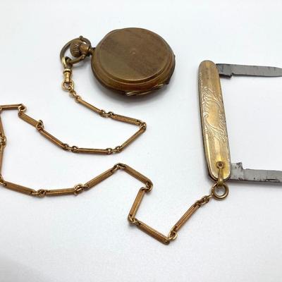LOT 240: Vintage Key Wound Pocket Watch (Warranted Aluminum 182) and Sheffield Pen Knife Combination