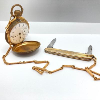 LOT 240: Vintage Key Wound Pocket Watch (Warranted Aluminum 182) and Sheffield Pen Knife Combination