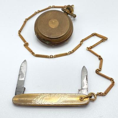 LOT 240: Vintage Key Wound Pocket Watch (Warranted Aluminum 182) and Sheffield Pen Knife Combination