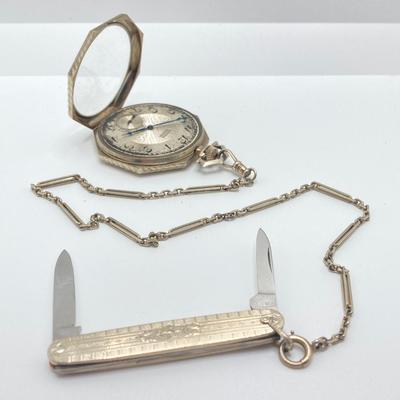 LOT 241: Vintage Engraved Elgin Pocket Watch with Pocket Knife