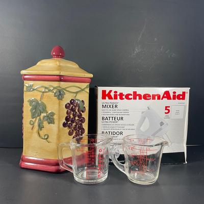 LOT::245: Kitchen Aid kHM5AP Ultra Power Mixer 5 Speed White (untested), Nonin's Biscotti Jar, Glass Bake & Pyrex Measuring Cups