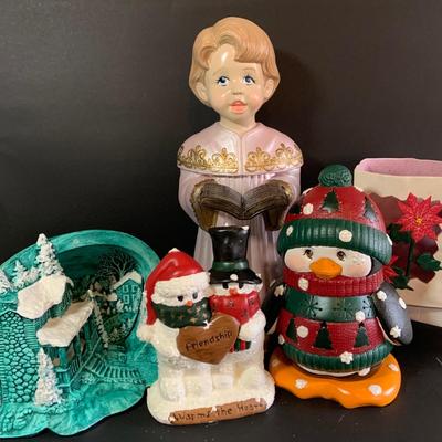 LOT 253: Vintage Holiday/ Winter Ceramic Molds - Light-up Penguin, Three Piece Winter House/Village, Alter Boy , Snowmen and More