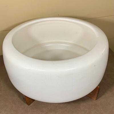 LOT 258: MCM Architectural Pottery Large Cream Colored Planter with Wood Base