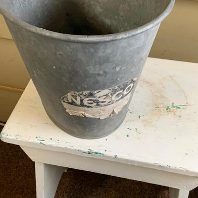 LOT 260: Galvanized Bucket and Tub with Wooden Side Table