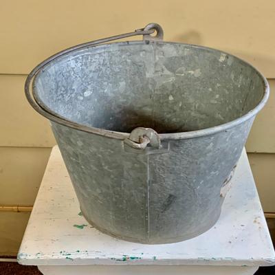 LOT 260: Galvanized Bucket and Tub with Wooden Side Table