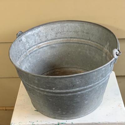 LOT 260: Galvanized Bucket and Tub with Wooden Side Table