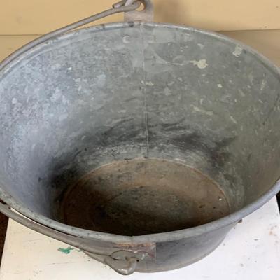 LOT 260: Galvanized Bucket and Tub with Wooden Side Table