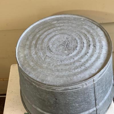 LOT 260: Galvanized Bucket and Tub with Wooden Side Table