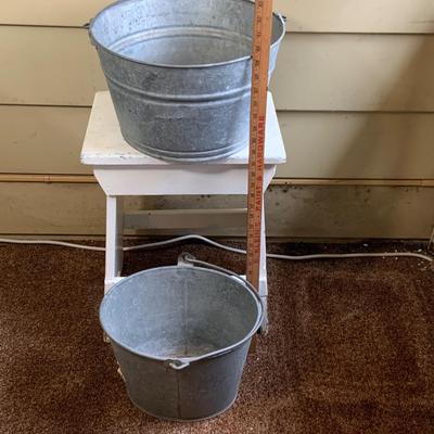 LOT 260: Galvanized Bucket and Tub with Wooden Side Table