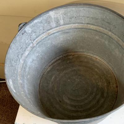 LOT 260: Galvanized Bucket and Tub with Wooden Side Table