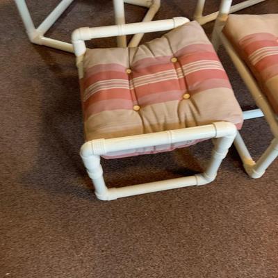 LOT 261: Mid Century PVC Patio Furniture Including Octogon Table, a Reclining Chair and Ottoman and Two Arm Chairs