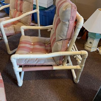 LOT 261: Mid Century PVC Patio Furniture Including Octogon Table, a Reclining Chair and Ottoman and Two Arm Chairs