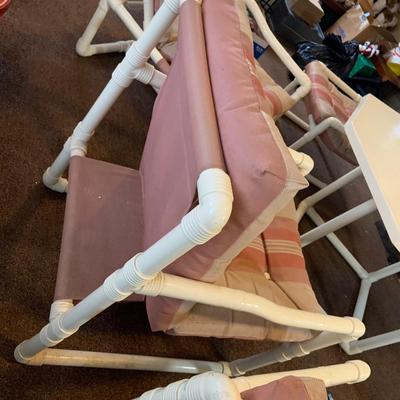 LOT 261: Mid Century PVC Patio Furniture Including Octogon Table, a Reclining Chair and Ottoman and Two Arm Chairs