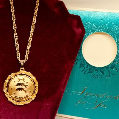 LOT 263: Pisces Collection -Bronze Medallion w/Card by Metal Sculptor Gilroy Robert, Franklin Mints Bronze Zodiac Coin Pendant Necklace,...