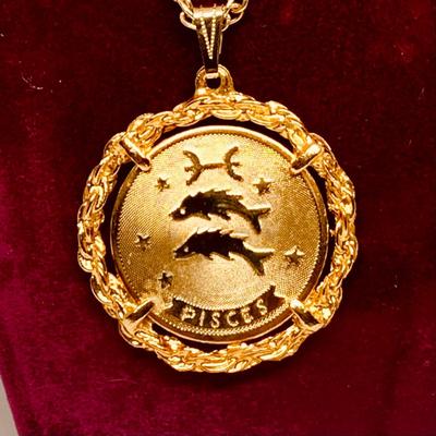 LOT 263: Pisces Collection -Bronze Medallion w/Card by Metal Sculptor Gilroy Robert, Franklin Mints Bronze Zodiac Coin Pendant Necklace,...
