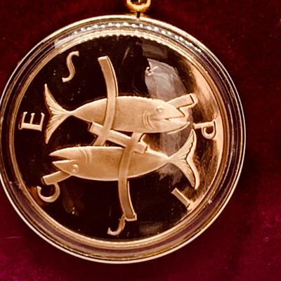 LOT 263: Pisces Collection -Bronze Medallion w/Card by Metal Sculptor Gilroy Robert, Franklin Mints Bronze Zodiac Coin Pendant Necklace,...