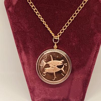 LOT 263: Pisces Collection -Bronze Medallion w/Card by Metal Sculptor Gilroy Robert, Franklin Mints Bronze Zodiac Coin Pendant Necklace,...