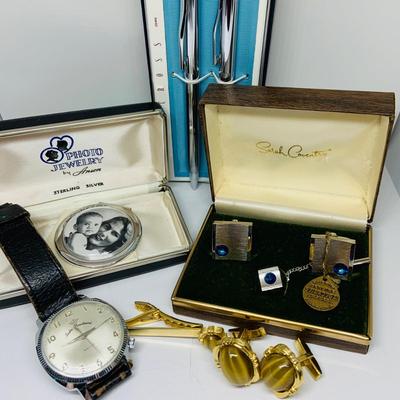LOT 265:Sterling Silver Money Clip Photo Jewelry by Anson, Sara Conventry Cufflinks, Tie Pin w/ Swarovski Crystals, Cross Pen Set Adre...