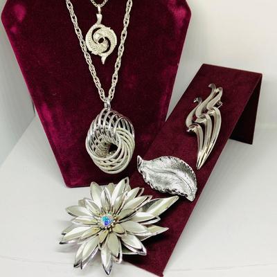 LOT 266: Monet Silvertone Necklaces w/Pendants, Silvertone Trifari Brooch, Gerry's Leaf Brooch and Flower Brooch
