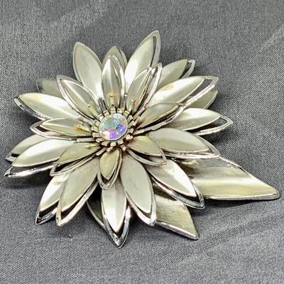 LOT 266: Monet Silvertone Necklaces w/Pendants, Silvertone Trifari Brooch, Gerry's Leaf Brooch and Flower Brooch