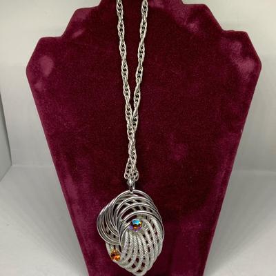 LOT 266: Monet Silvertone Necklaces w/Pendants, Silvertone Trifari Brooch, Gerry's Leaf Brooch and Flower Brooch