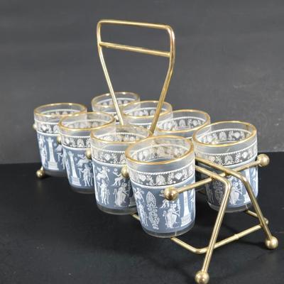 LOT 271: Vintage 1960s Jeanette Blue Corinthian Shot Glasses with Brass Caddy, "HOME SMORGASBORD KNIFE", Vintage Imperial Glass...