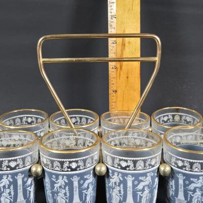 LOT 271: Vintage 1960s Jeanette Blue Corinthian Shot Glasses with Brass Caddy, "HOME SMORGASBORD KNIFE", Vintage Imperial Glass...