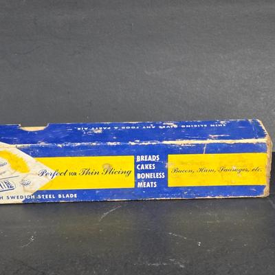 LOT 271: Vintage 1960s Jeanette Blue Corinthian Shot Glasses with Brass Caddy, "HOME SMORGASBORD KNIFE", Vintage Imperial Glass...