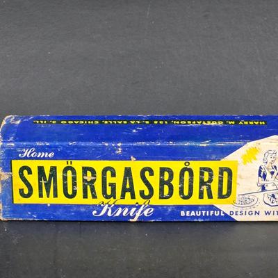 LOT 271: Vintage 1960s Jeanette Blue Corinthian Shot Glasses with Brass Caddy, "HOME SMORGASBORD KNIFE", Vintage Imperial Glass...