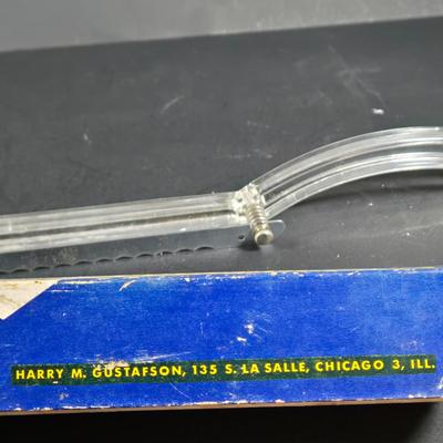 LOT 271: Vintage 1960s Jeanette Blue Corinthian Shot Glasses with Brass Caddy, "HOME SMORGASBORD KNIFE", Vintage Imperial Glass...