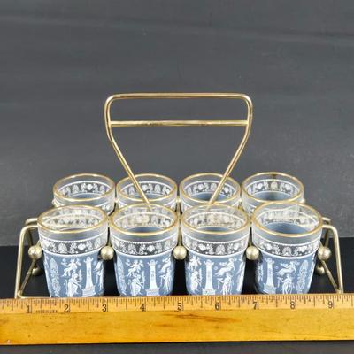 LOT 271: Vintage 1960s Jeanette Blue Corinthian Shot Glasses with Brass Caddy, "HOME SMORGASBORD KNIFE", Vintage Imperial Glass...