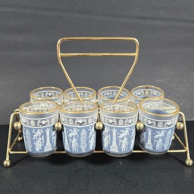 LOT 271: Vintage 1960s Jeanette Blue Corinthian Shot Glasses with Brass Caddy, "HOME SMORGASBORD KNIFE", Vintage Imperial Glass...