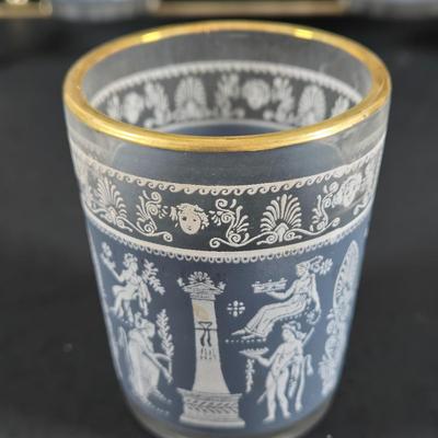 LOT 271: Vintage 1960s Jeanette Blue Corinthian Shot Glasses with Brass Caddy, "HOME SMORGASBORD KNIFE", Vintage Imperial Glass...