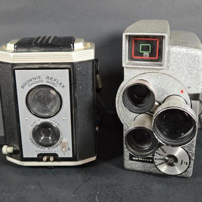 LOT 275: Kodak BROWNIE REFLEX SYNCHRO MODEL Camera and Vintage WOLLENSAK 8MM MAGAZINE MODEL 73 MOVIE CAMERA ; Both Untested