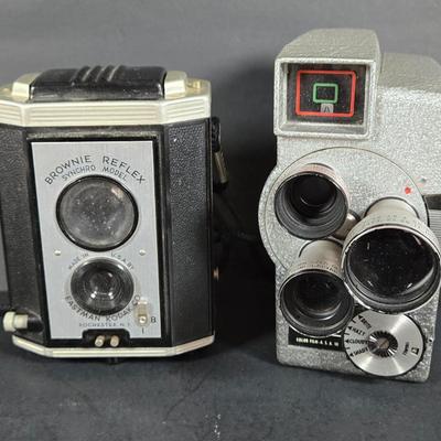 LOT 275: Kodak BROWNIE REFLEX SYNCHRO MODEL Camera and Vintage WOLLENSAK 8MM MAGAZINE MODEL 73 MOVIE CAMERA ; Both Untested