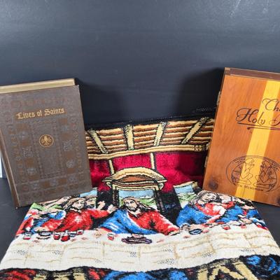 LOT 280: "LIVES OF SAINTS" Book, Memorial Edition HOLY BIBLE in Wooden Box, and Vintage 1960S Last Supper Wall Tapestry