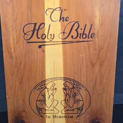 LOT 280: "LIVES OF SAINTS" Book, Memorial Edition HOLY BIBLE in Wooden Box, and Vintage 1960S Last Supper Wall Tapestry