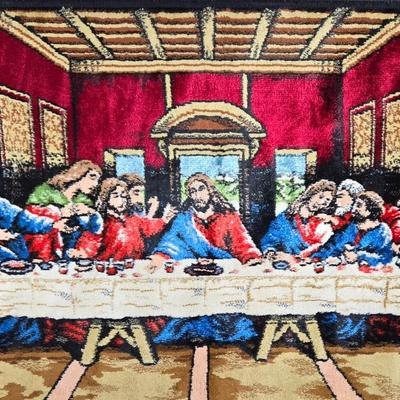 LOT 280: "LIVES OF SAINTS" Book, Memorial Edition HOLY BIBLE in Wooden Box, and Vintage 1960S Last Supper Wall Tapestry