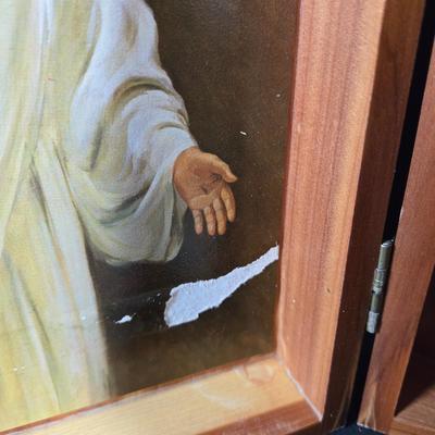 LOT 280: "LIVES OF SAINTS" Book, Memorial Edition HOLY BIBLE in Wooden Box, and Vintage 1960S Last Supper Wall Tapestry