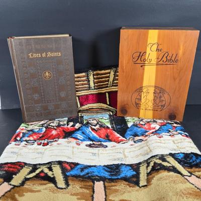 LOT 280: "LIVES OF SAINTS" Book, Memorial Edition HOLY BIBLE in Wooden Box, and Vintage 1960S Last Supper Wall Tapestry