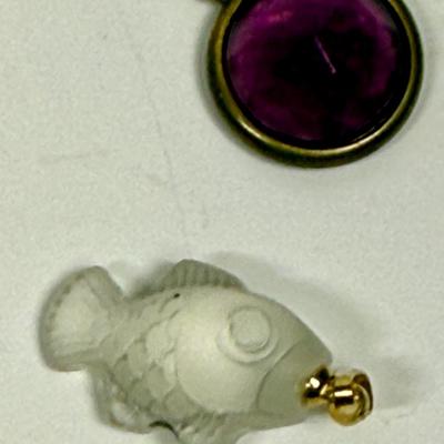 3 pc pendant lot - glass fish, purple stone, and gold tone heart