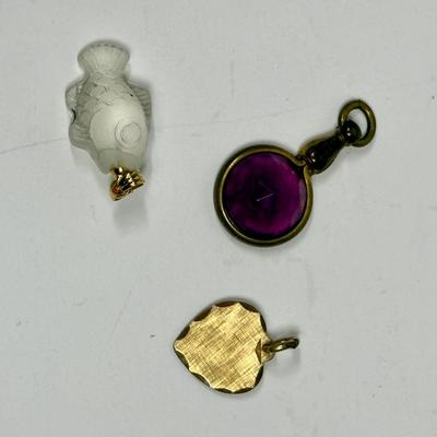 3 pc pendant lot - glass fish, purple stone, and gold tone heart