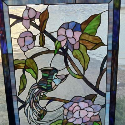 Nice 24" x 18" Collectible Stain Glass Window Hanging Leaded Slag Glass Art - Tiffany Style Window Panel with Pheonix like bird