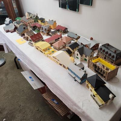 Large Lot of Plastic Train Garden Buildings Church w Bell Germany , Kibri , Patal, Burning Building