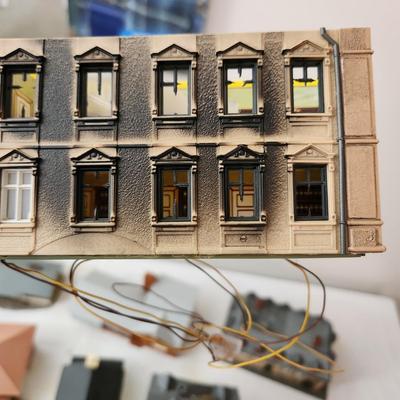 Large Lot of Plastic Train Garden Buildings Church w Bell Germany , Kibri , Patal, Burning Building