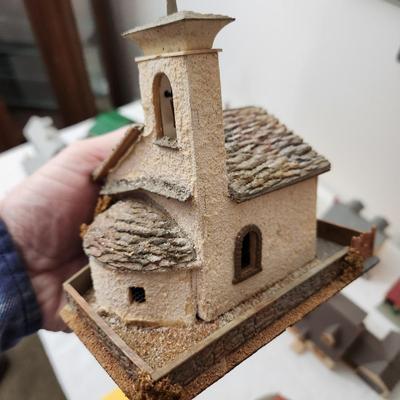Large Lot of Plastic Train Garden Buildings Church w Bell Germany , Kibri , Patal, Burning Building